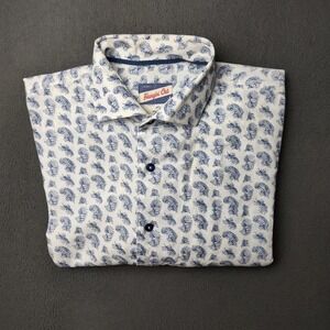 Johnnie O Hangin Out Shirt Mens Medium White Blue Palm Print Short Sleeve Celo